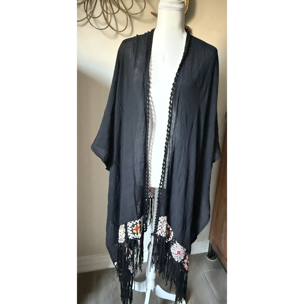 Odiva Black Sheer Kimono One Size Crochet Fringe Boho Festival Cover Up
